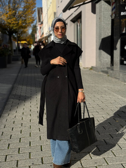 Damen Lange Weste mit Gürtel – Schwarzer Kasha-Stoff | Elegante Weste