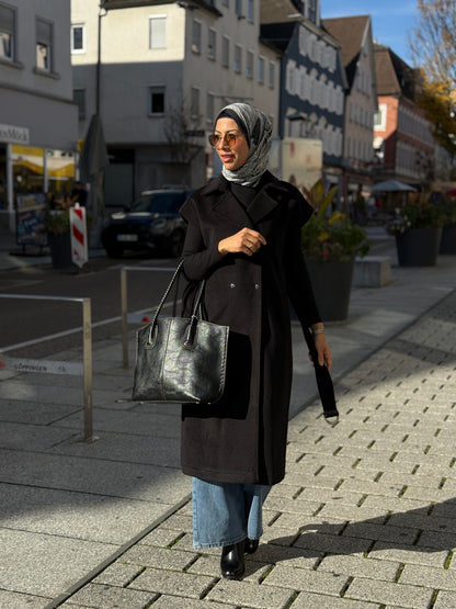 Damen Lange Weste mit Gürtel – Schwarzer Kasha-Stoff | Elegante Weste